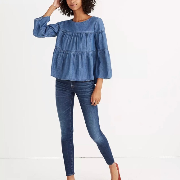 Madewell Women's Tiered Button Back Chambray Denim Top, Size XS - Picture 3 of 11